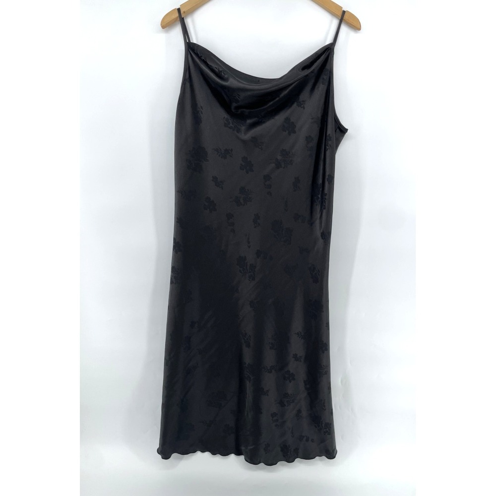 Vintage Y2K Bebe Black Satin Slip Dress L Floral Midi Spaghetti Strap Low Back